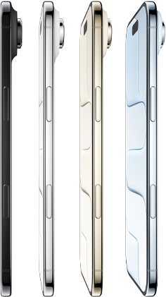 iPhone Air, pohled z boku, všechny čtyři barvy: blankytně modrá, světle zlatá, oblačně bílá, vesmírně černá, velmi tenký profil, Fusion fotosoustava, boční tlačítko, ovladač fotoaparátu
